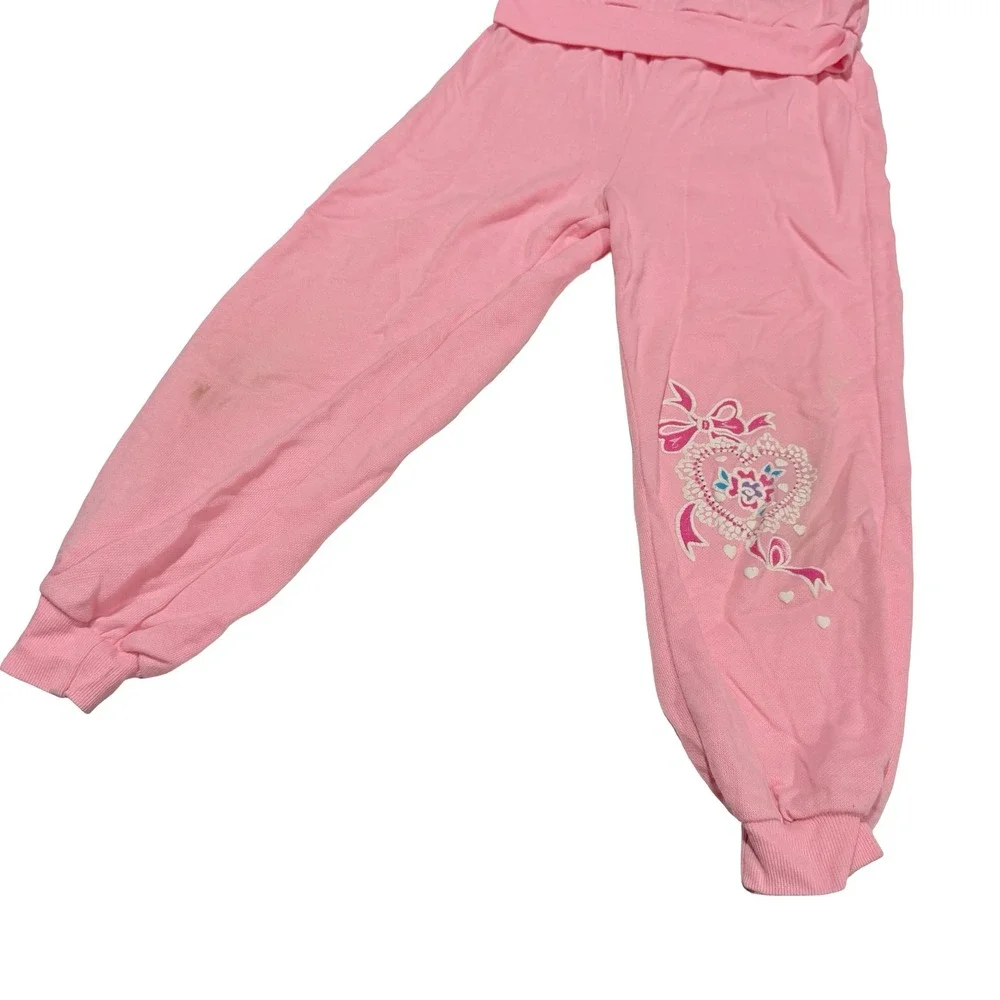 Vintage Rhythm Kids Pink Teddy Bear Heart Sweatsuit Set Lace Ruffle Size 6‎